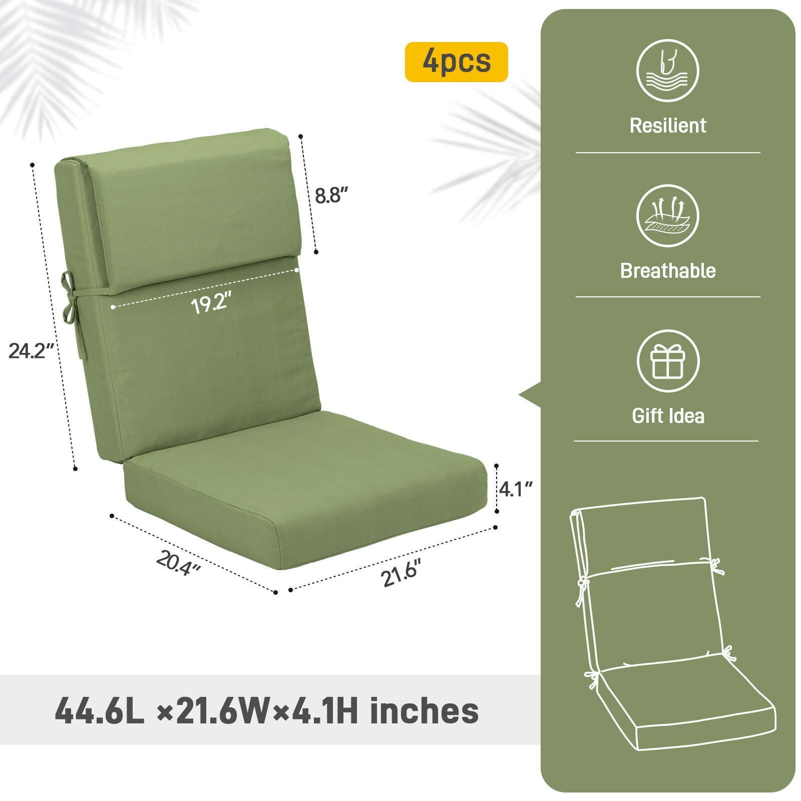 Set di 4 cuscini per sedia con schienale alto Aoodor Patio, 46x21x4 pollici (solo cuscini)