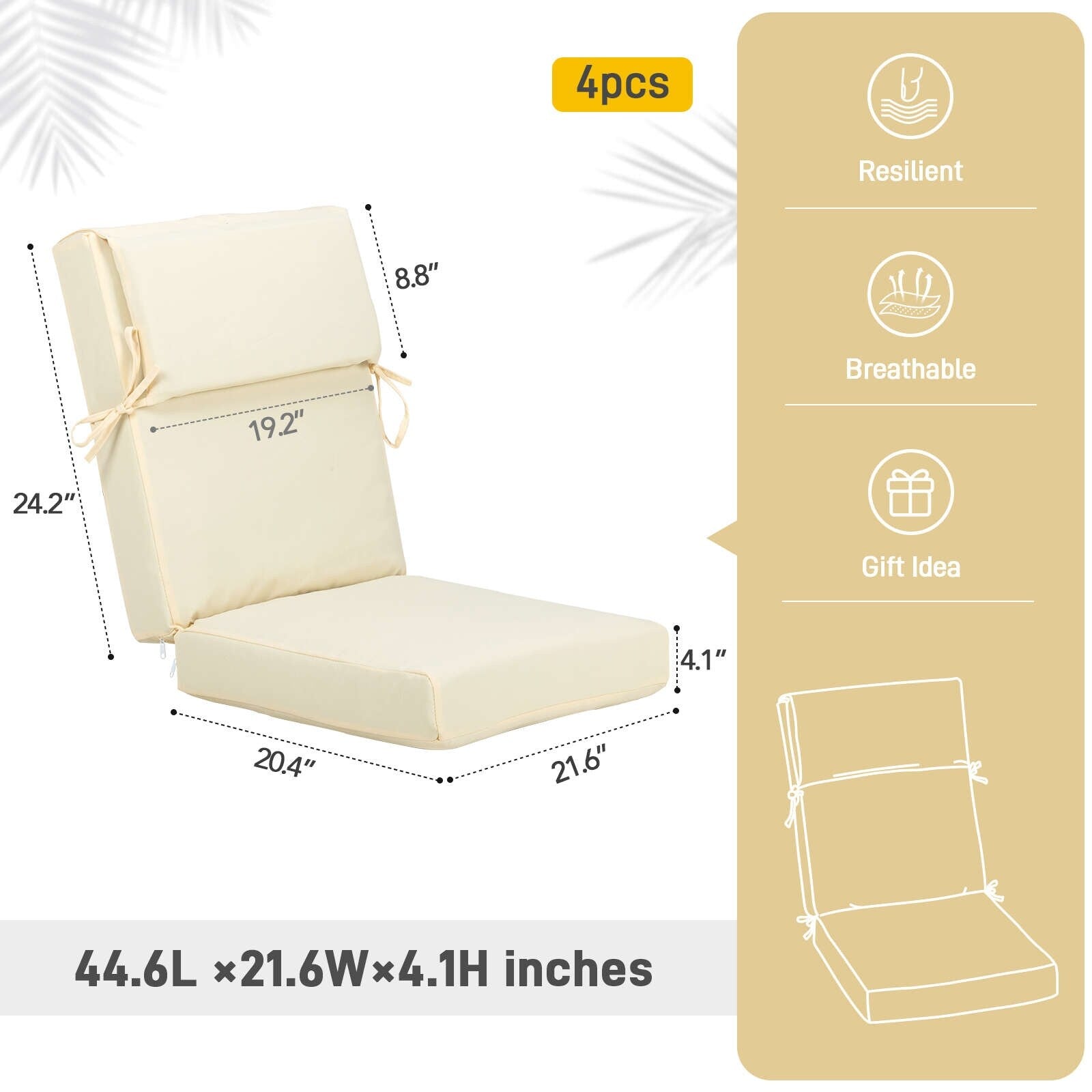 Set di 4 cuscini per sedia con schienale alto Aoodor Patio, 46x21x4 pollici (solo cuscini)