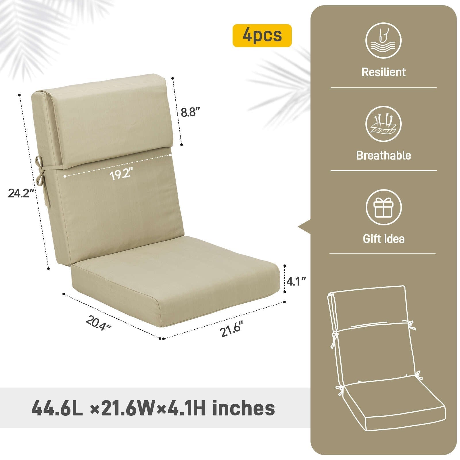 Set di 4 cuscini per sedia con schienale alto Aoodor Patio, 46x21x4 pollici (solo cuscini)