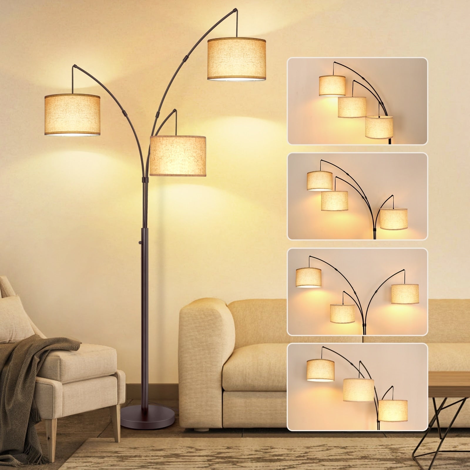 Lampada da terra ad arco LED dimmerabile moderna nera a 3 luci