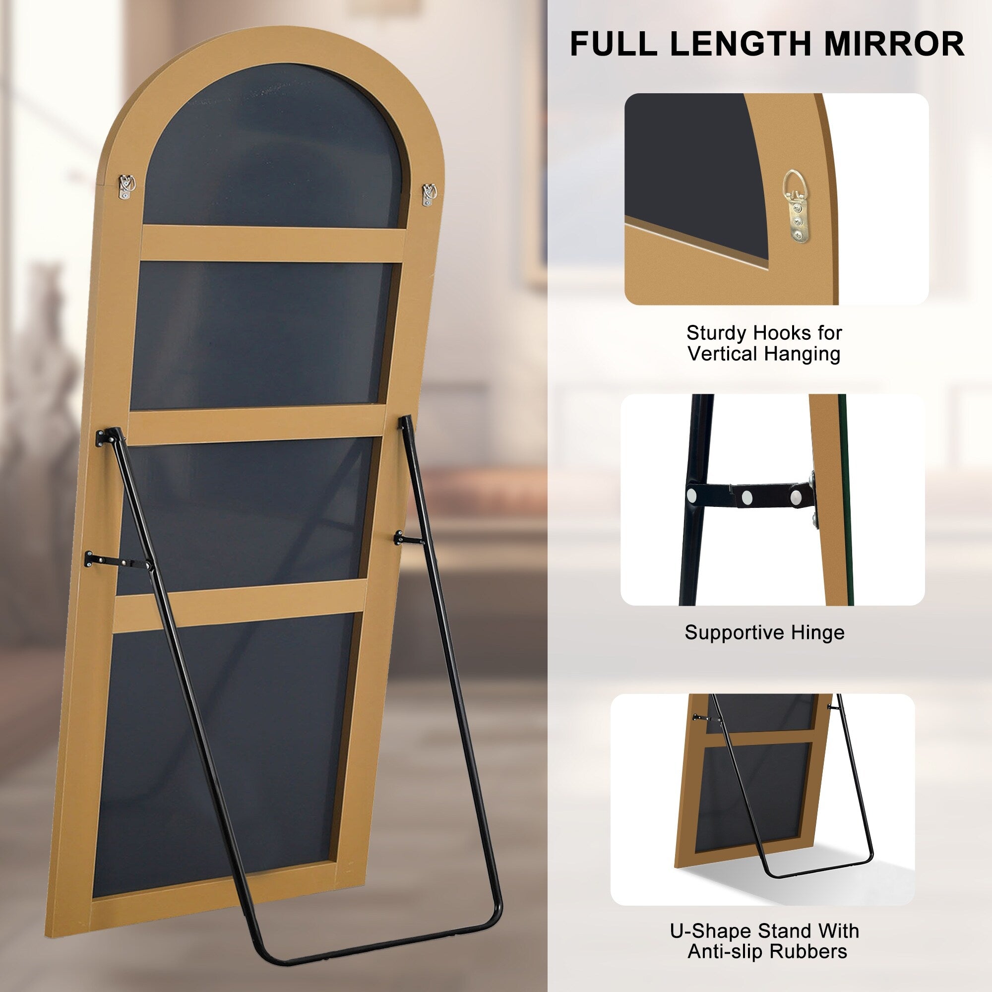 Specchio da pavimento in legno a figura intera ad arco, specchio da parete