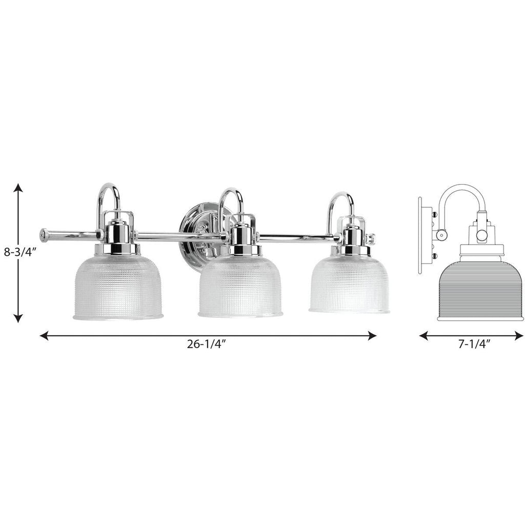 Lampada da bagno in stile costiero con tre luci, in cromo lucido e vetro prismatico trasparente doppio, collezione Archie - 8,75 x 26,25 x 7,25