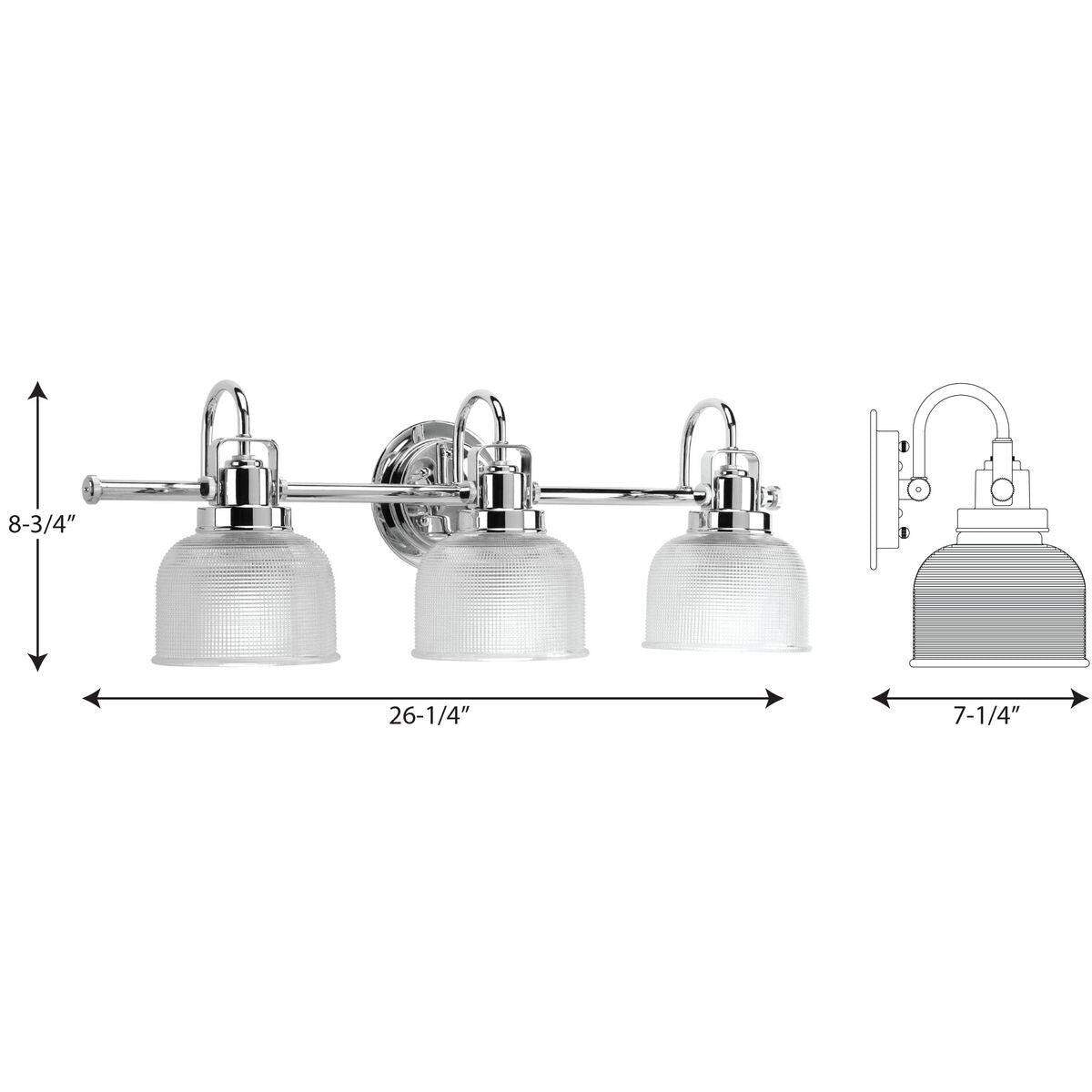 Lampada da bagno in stile costiero con tre luci, in cromo lucido e vetro prismatico trasparente doppio, collezione Archie - 8,75 x 26,25 x 7,25