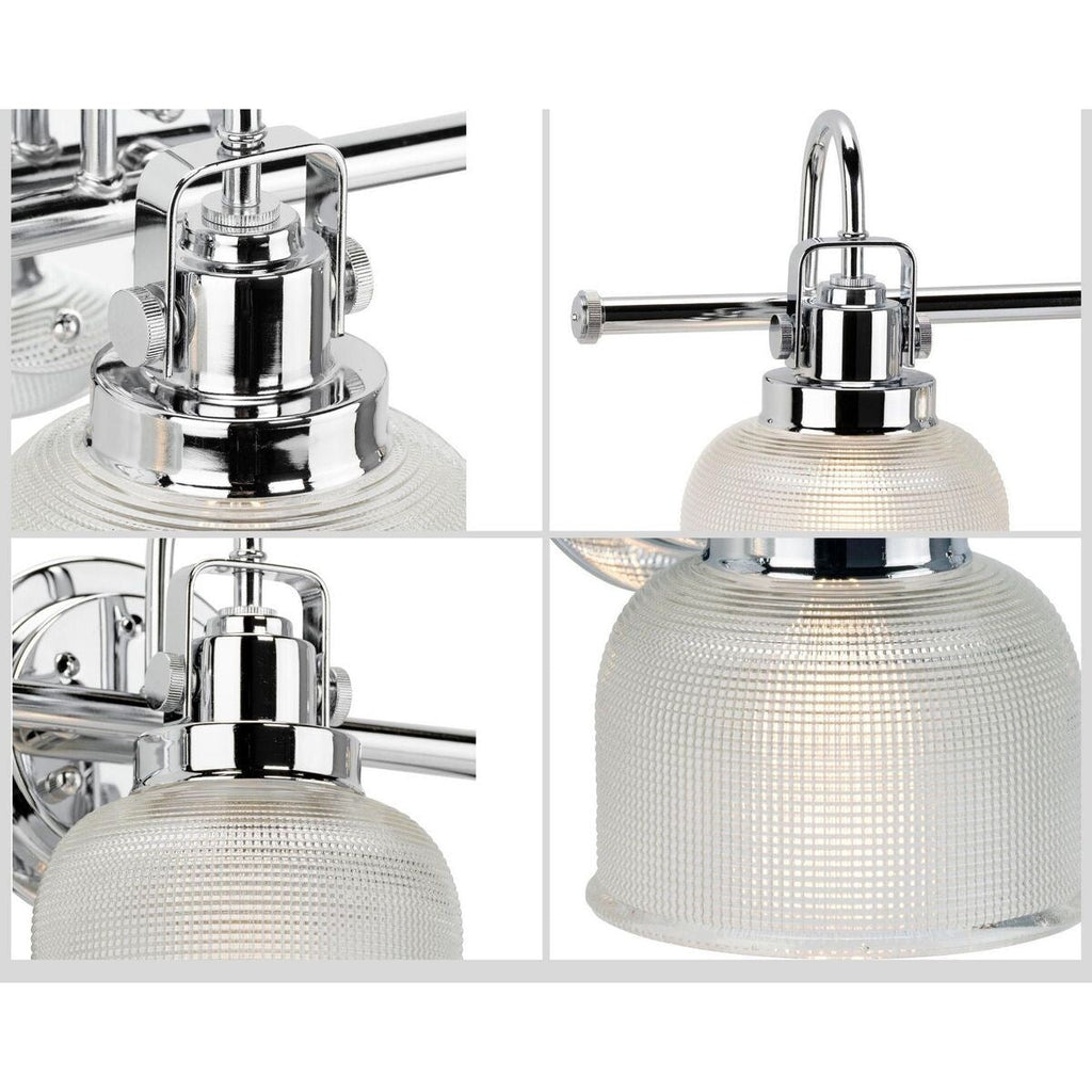 Lampada da bagno in stile costiero con tre luci, in cromo lucido e vetro prismatico trasparente doppio, collezione Archie - 8,75 x 26,25 x 7,25