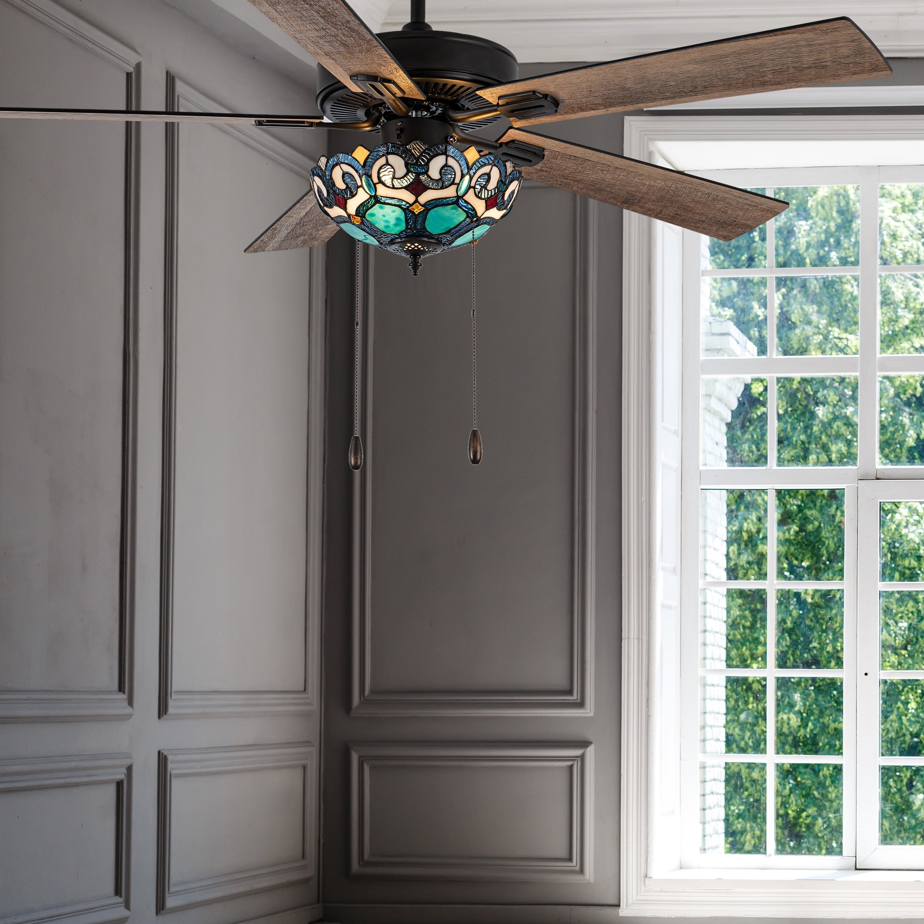 Ventilatore da soffitto Astrid River of Goods in bronzo lucidato a olio multicolore e vetro colorato a 3 luci da 52 pollici - 52 x 52 x 14,75/19,75
