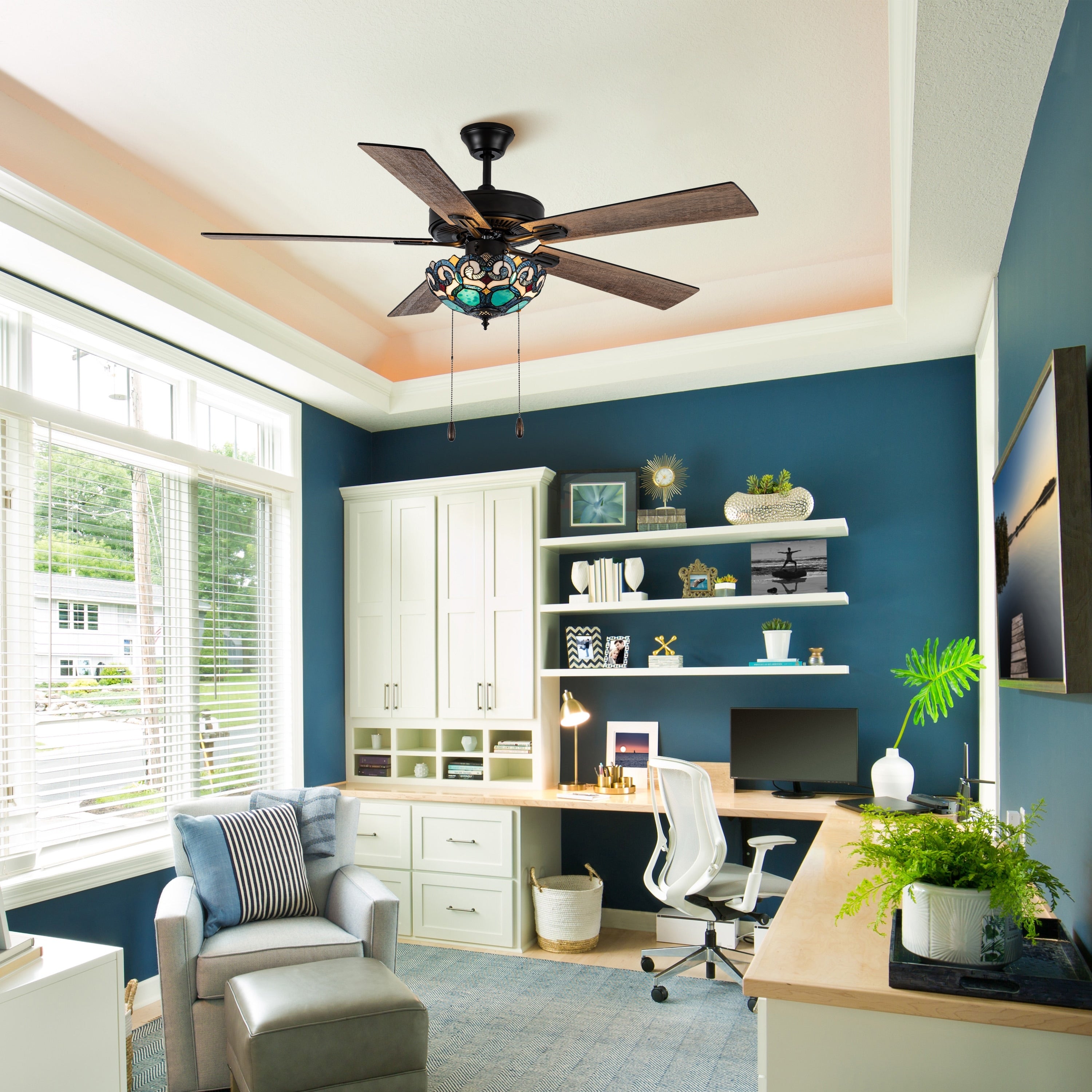 Ventilatore da soffitto Astrid River of Goods in bronzo lucidato a olio multicolore e vetro colorato a 3 luci da 52 pollici - 52 x 52 x 14,75/19,75