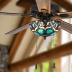 Ventilatore da soffitto Astrid River of Goods in bronzo lucidato a olio multicolore e vetro colorato a 3 luci da 52 pollici - 52 x 52 x 14,75/19,75