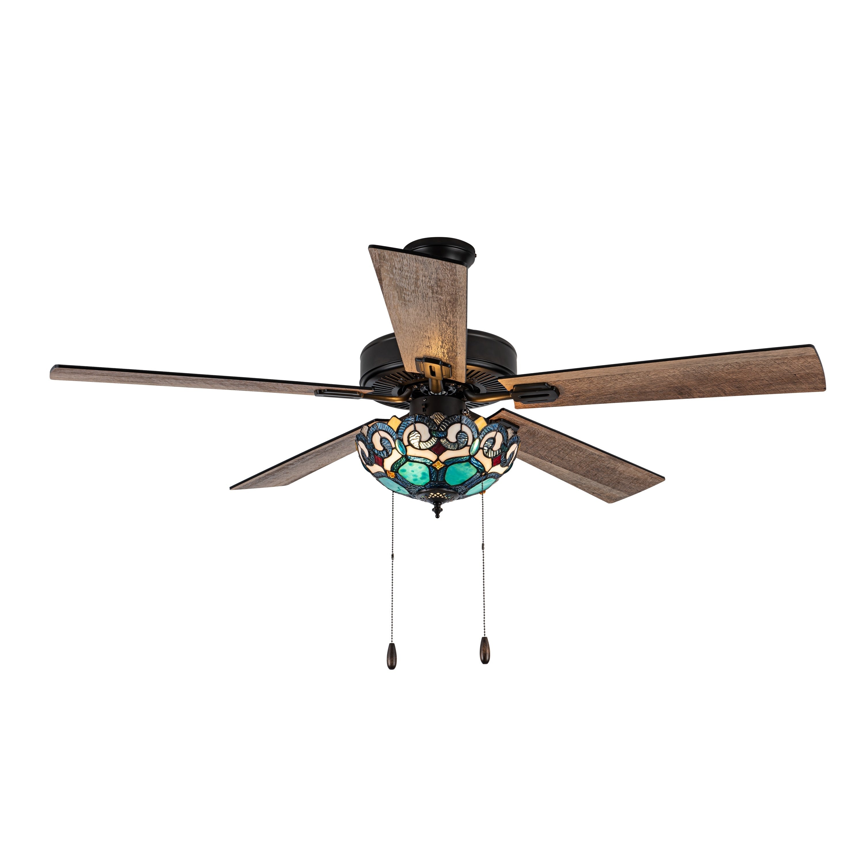 Ventilatore da soffitto Astrid River of Goods in bronzo lucidato a olio multicolore e vetro colorato a 3 luci da 52 pollici - 52 x 52 x 14,75/19,75