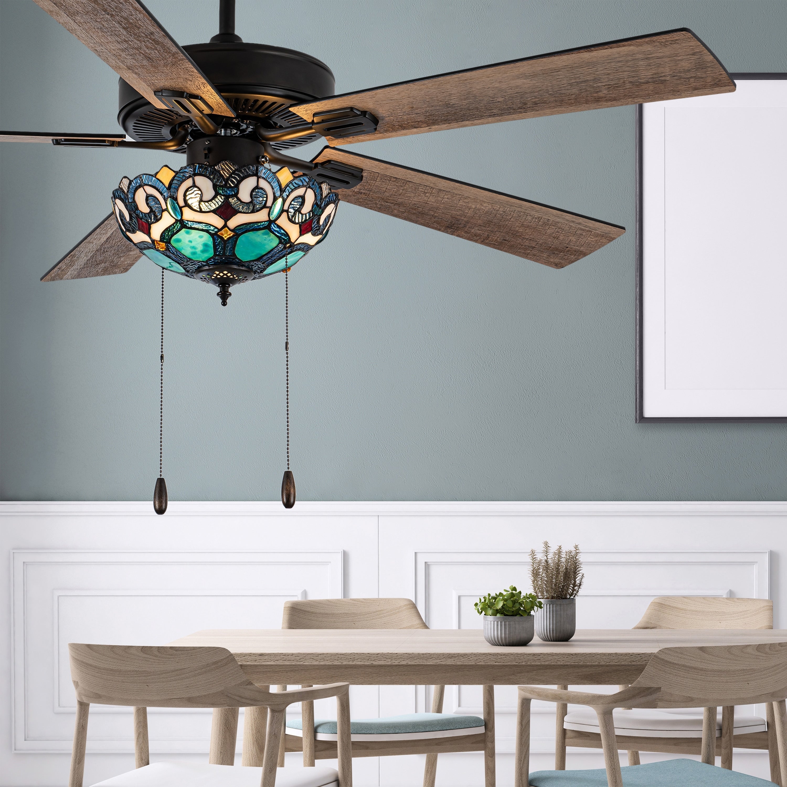 Ventilatore da soffitto Astrid River of Goods in bronzo lucidato a olio multicolore e vetro colorato a 3 luci da 52 pollici - 52 x 52 x 14,75/19,75