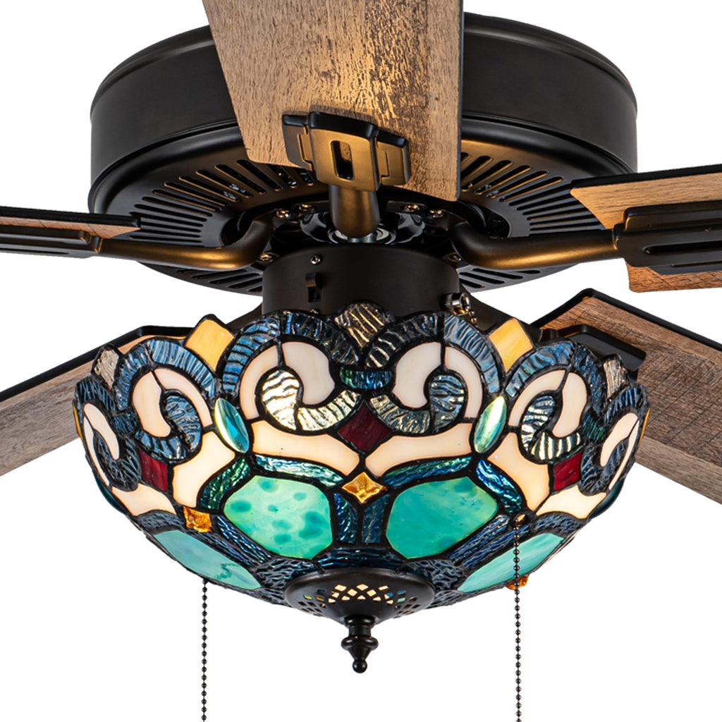 Ventilatore da soffitto Astrid River of Goods in bronzo lucidato a olio multicolore e vetro colorato a 3 luci da 52 pollici - 52 x 52 x 14,75/19,75