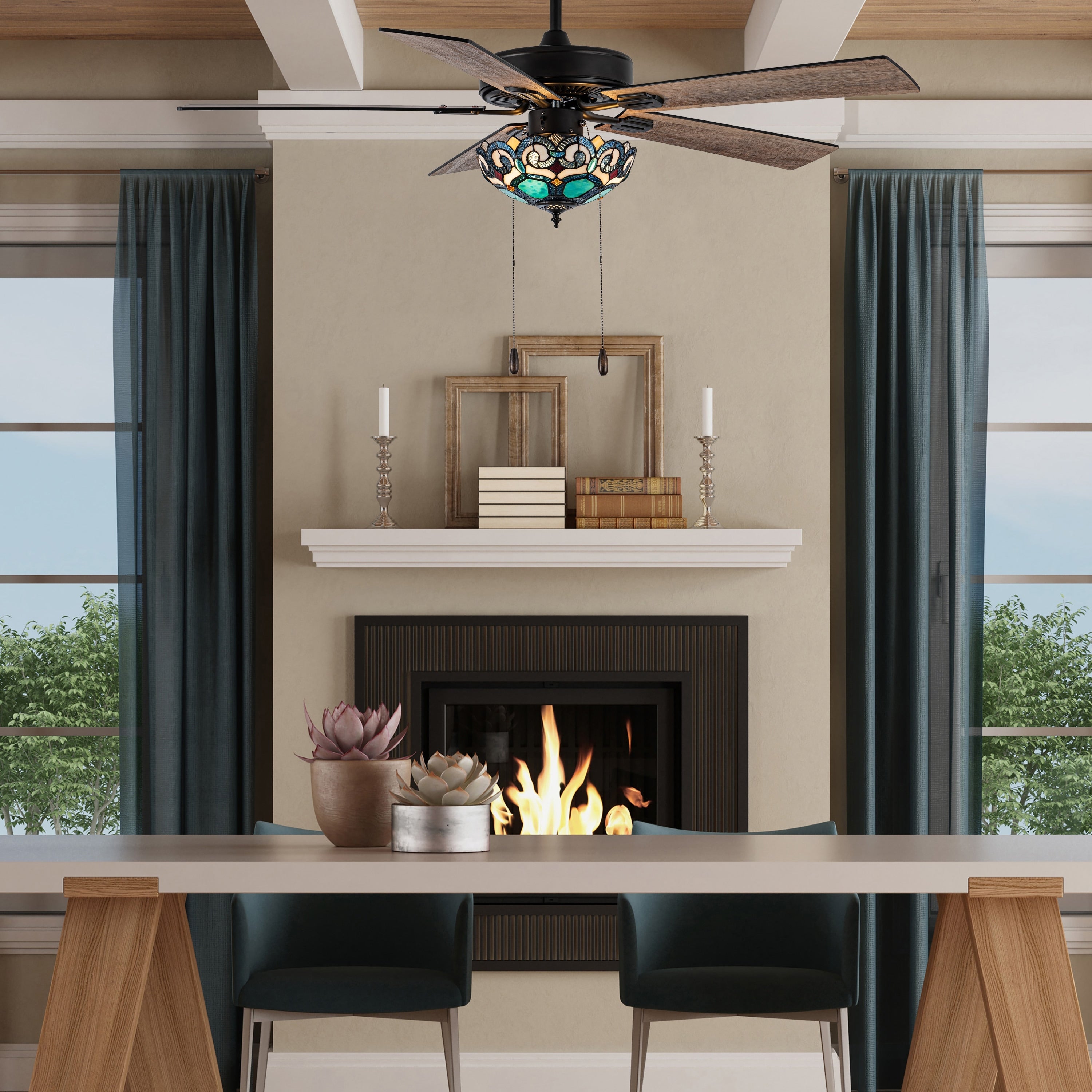 Ventilatore da soffitto Astrid River of Goods in bronzo lucidato a olio multicolore e vetro colorato a 3 luci da 52 pollici - 52 x 52 x 14,75/19,75
