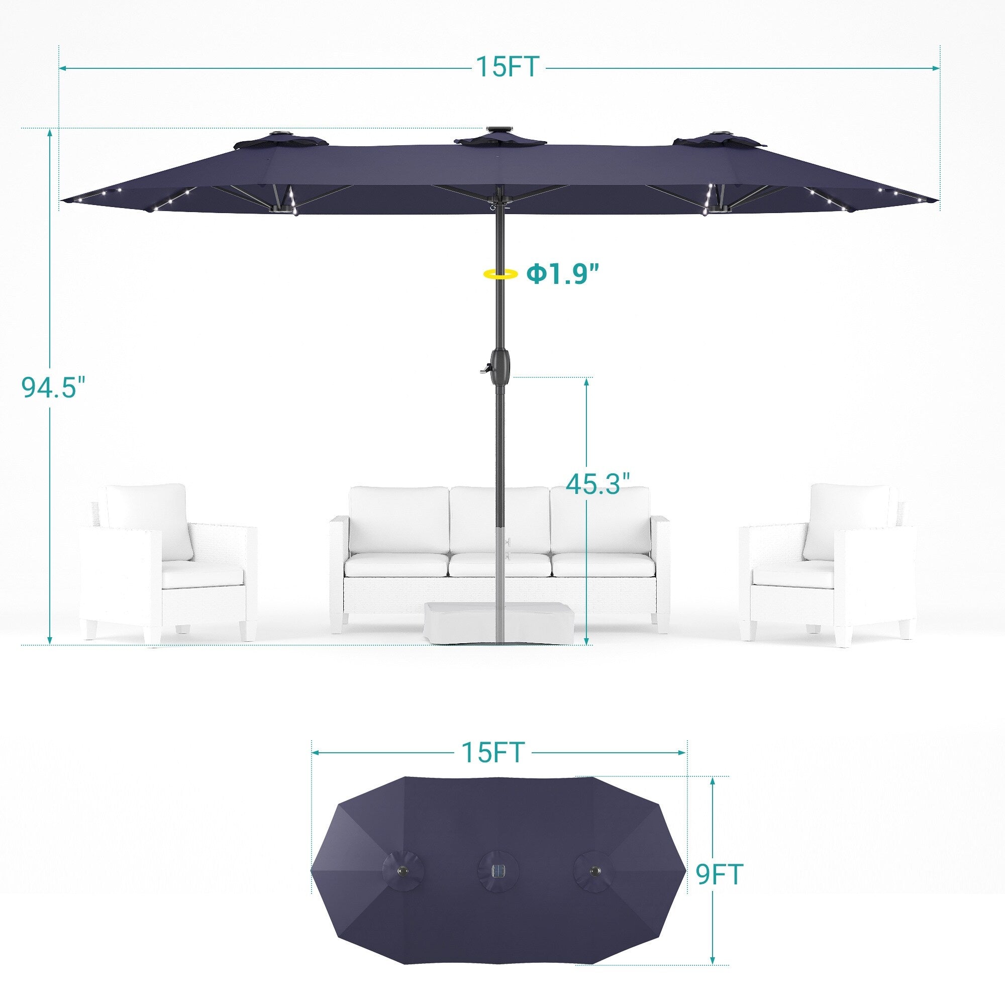 Ombrellone da patio a LED BONOSUKI da 15x9 piedi, doppio lato, in alluminio, grande baldacchino