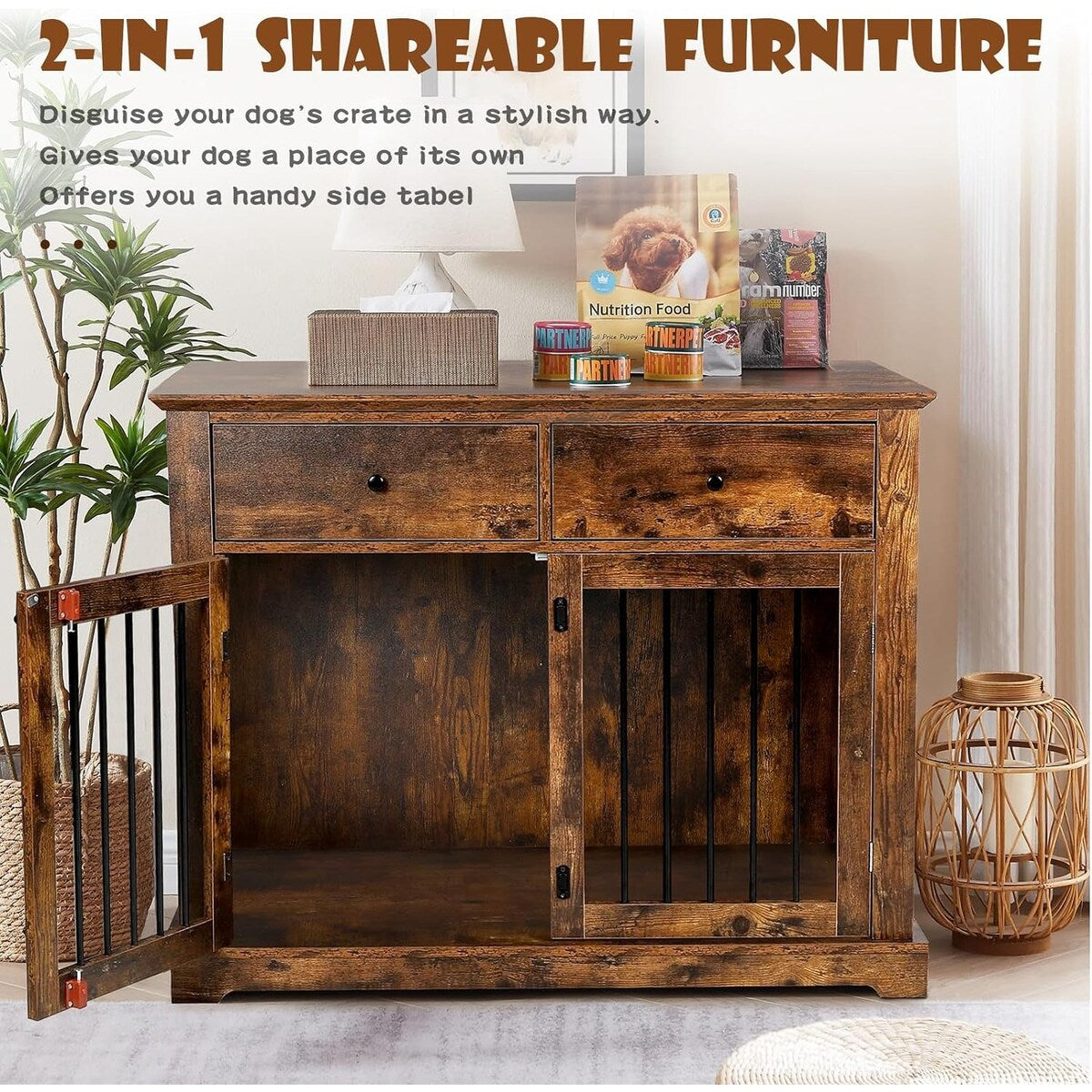 BOSSIN - Cuccia per cani di grandi dimensioni da 44 pollici, tavolino in legno con cassetti portaoggetti, cuccia decorativa per animali domestici