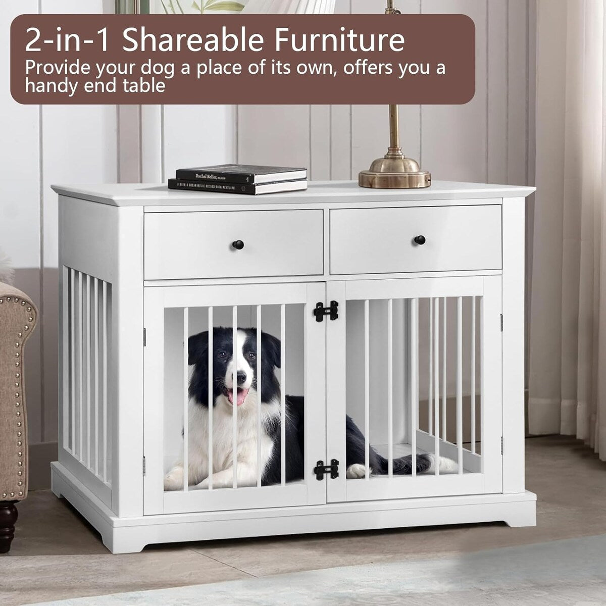 BOSSIN - Cuccia per cani di grandi dimensioni da 44 pollici, tavolino in legno con cassetti portaoggetti, cuccia decorativa per animali domestici