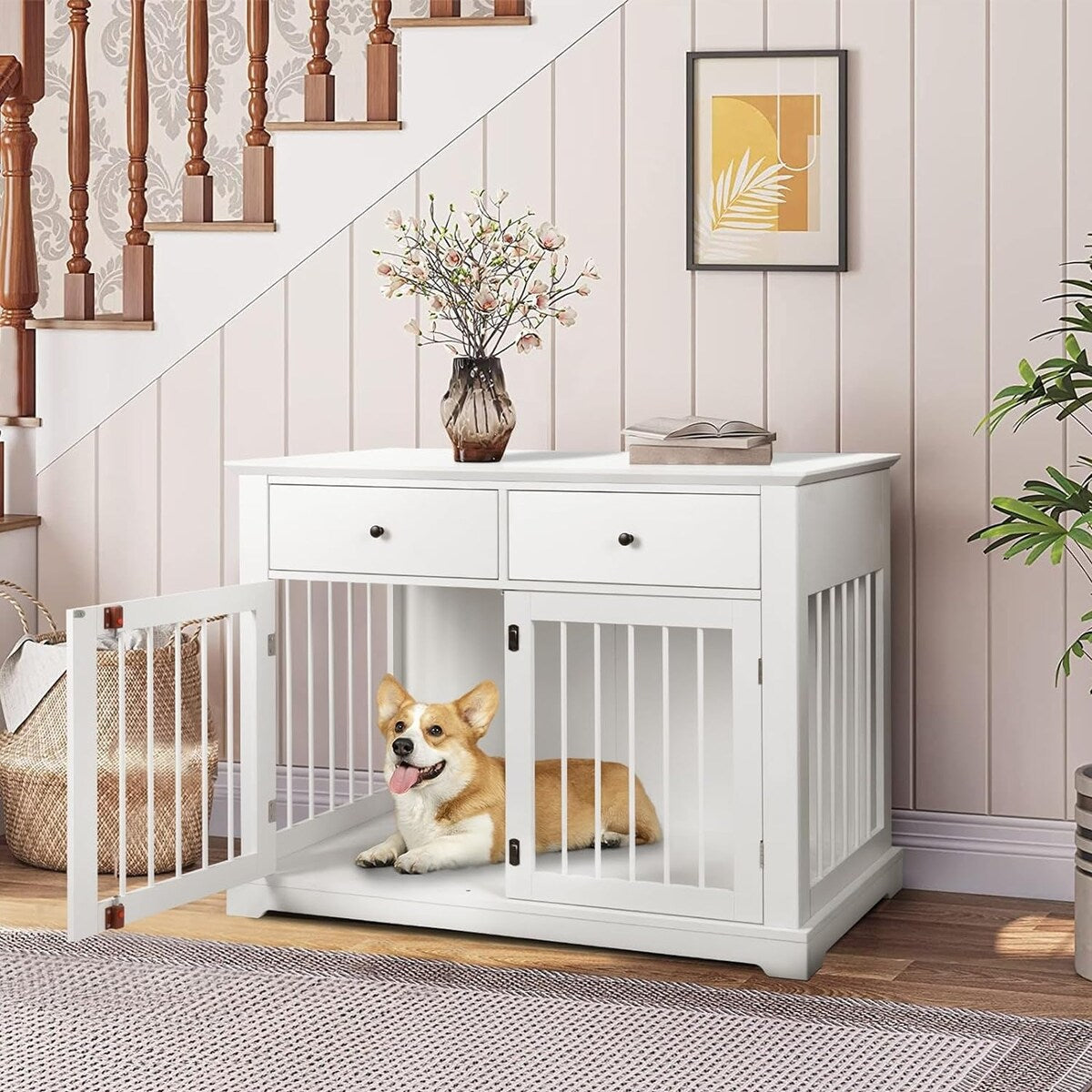 BOSSIN - Cuccia per cani di grandi dimensioni da 44 pollici, tavolino in legno con cassetti portaoggetti, cuccia decorativa per animali domestici