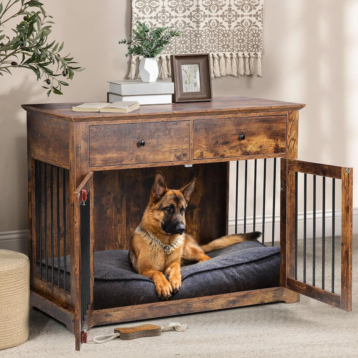 BOSSIN - Cuccia per cani di grandi dimensioni da 44 pollici, tavolino in legno con cassetti portaoggetti, cuccia decorativa per animali domestici