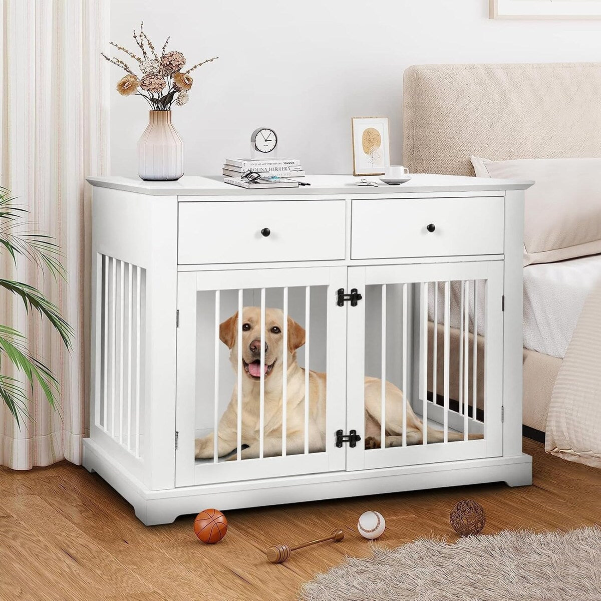BOSSIN - Cuccia per cani di grandi dimensioni da 44 pollici, tavolino in legno con cassetti portaoggetti, cuccia decorativa per animali domestici
