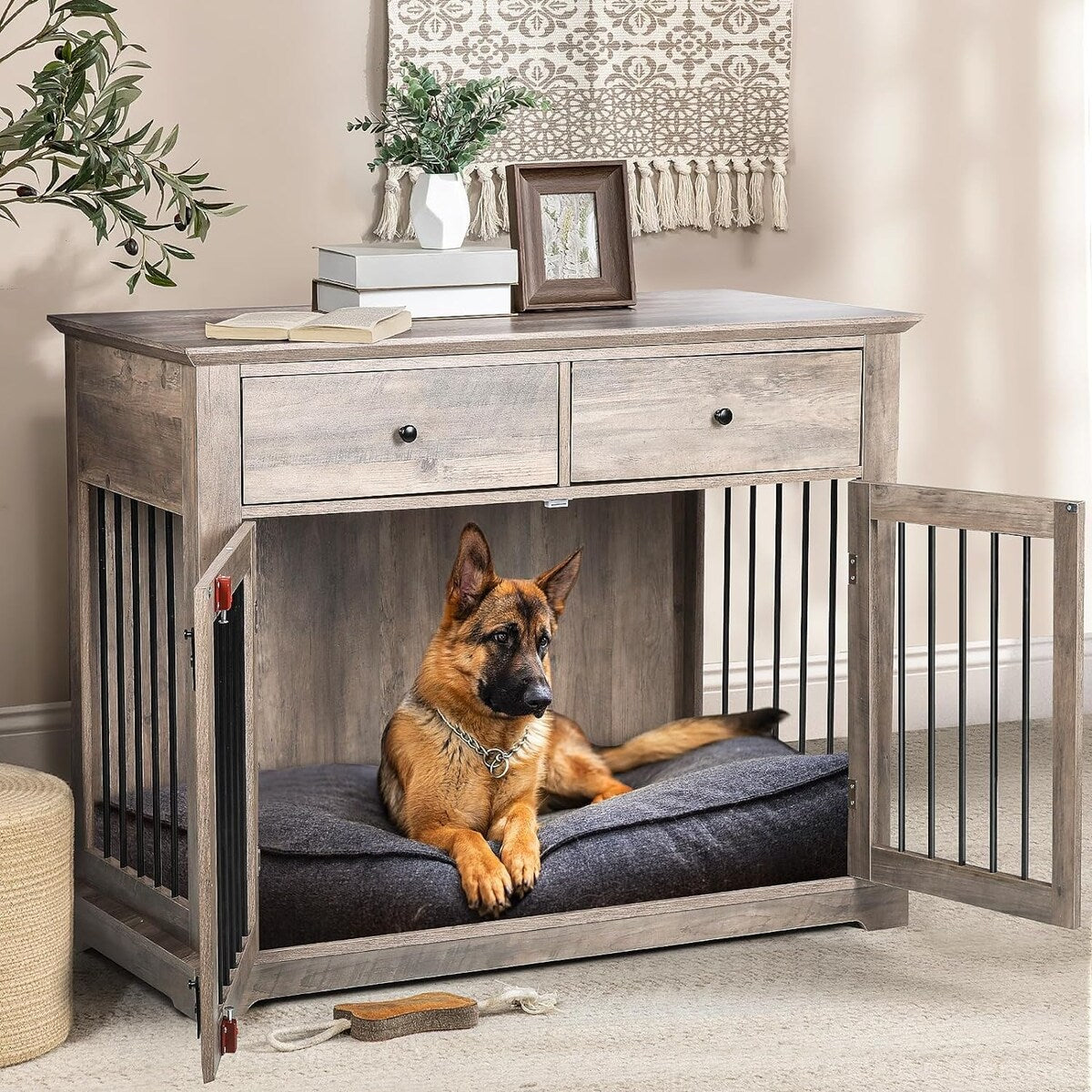BOSSIN - Cuccia per cani di grandi dimensioni da 44 pollici, tavolino in legno con cassetti portaoggetti, cuccia decorativa per animali domestici