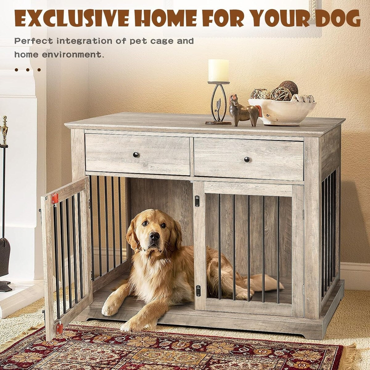BOSSIN - Cuccia per cani di grandi dimensioni da 44 pollici, tavolino in legno con cassetti portaoggetti, cuccia decorativa per animali domestici