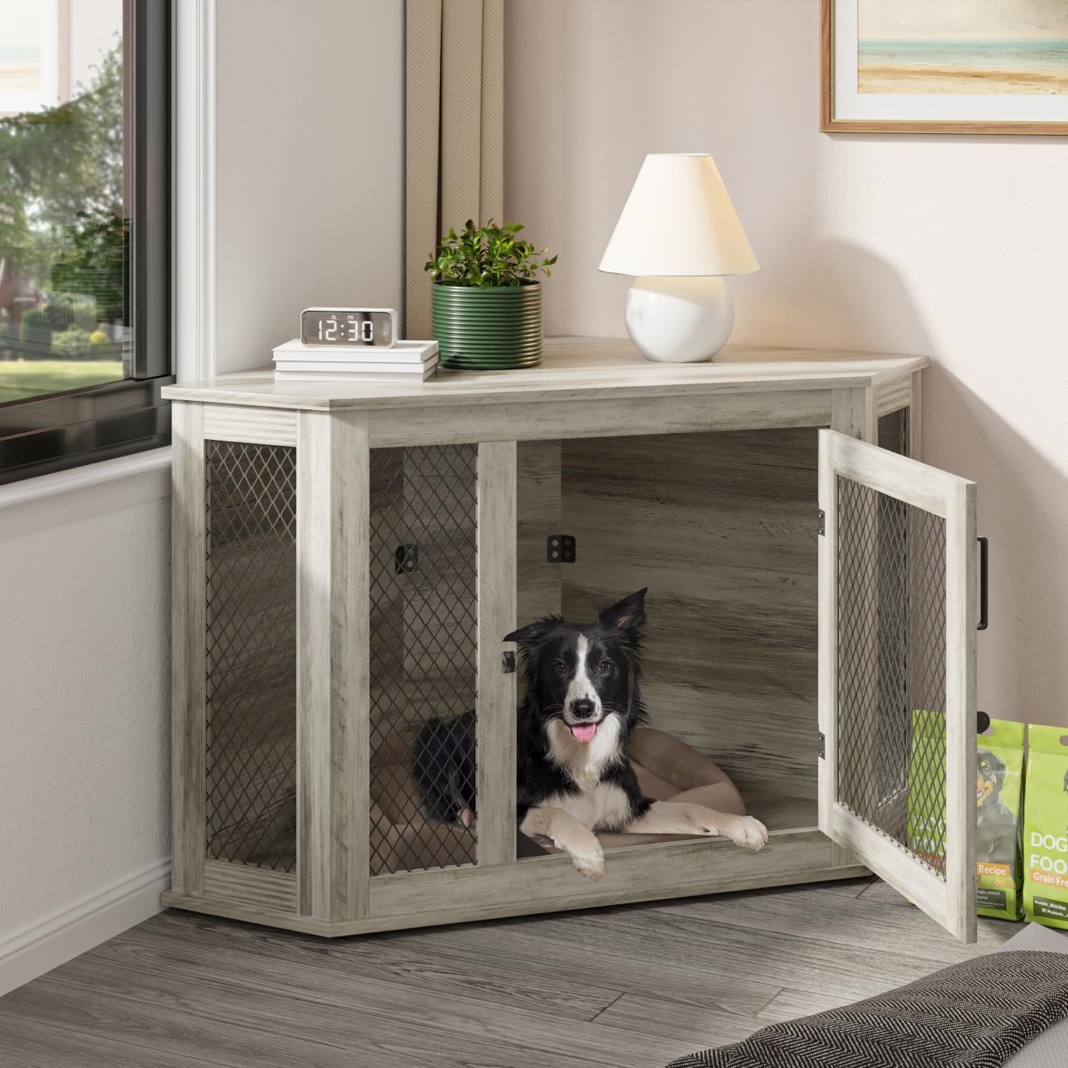 BOSSIN Cuccia angolare per cani, cuccia in legno per cani da 44/52 pollici con rete, cuccia decorativa in legno per uso interno