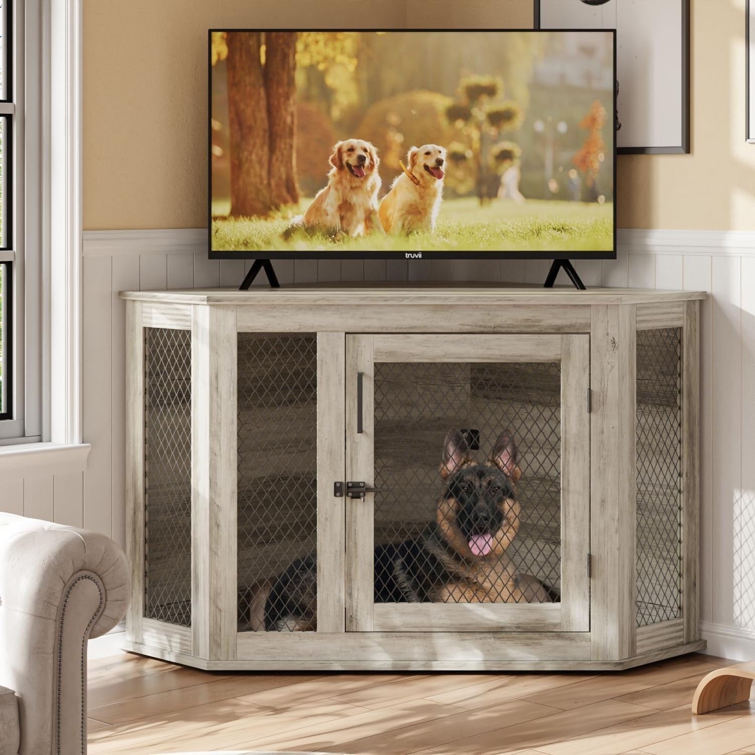 BOSSIN Cuccia angolare per cani, cuccia in legno per cani da 44/52 pollici con rete, cuccia decorativa in legno per uso interno