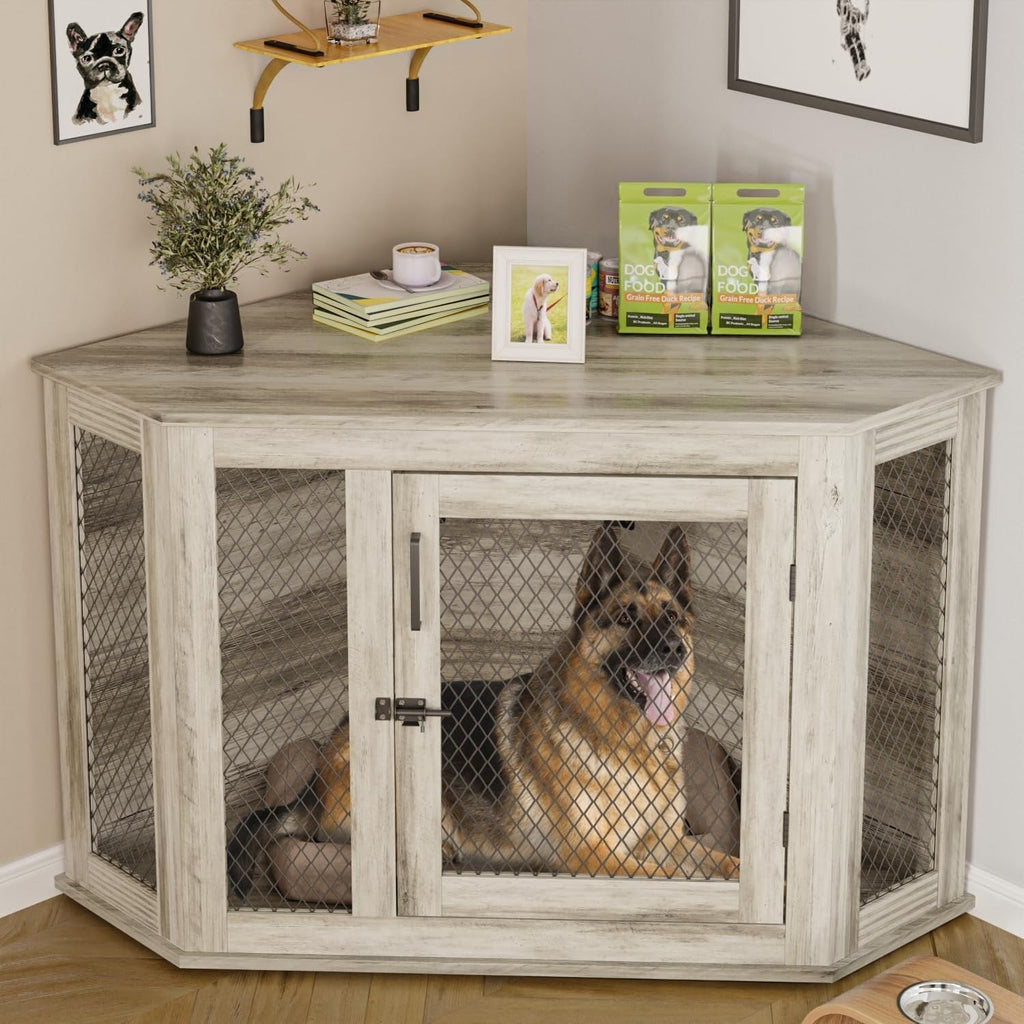BOSSIN Cuccia angolare per cani, cuccia in legno per cani da 44/52 pollici con rete, cuccia decorativa in legno per uso interno