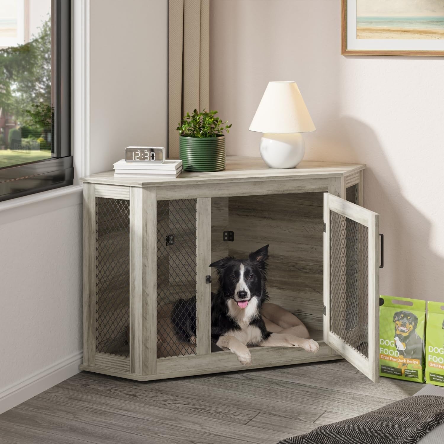 BOSSIN Cuccia angolare per cani, cuccia in legno per cani da 44/52 pollici con rete, cuccia decorativa in legno per uso interno