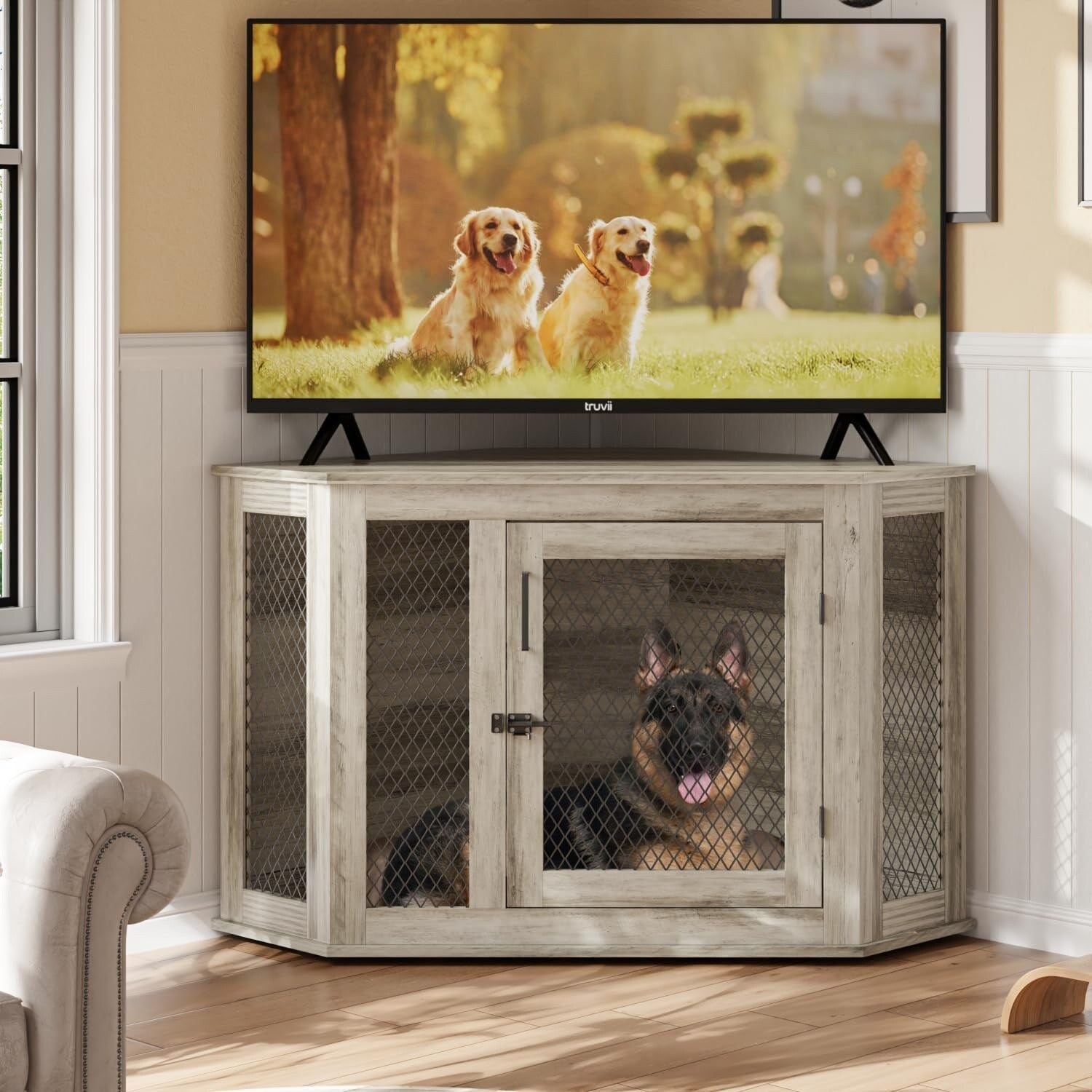 BOSSIN Cuccia angolare per cani, cuccia in legno per cani da 44/52 pollici con rete, cuccia decorativa in legno per uso interno