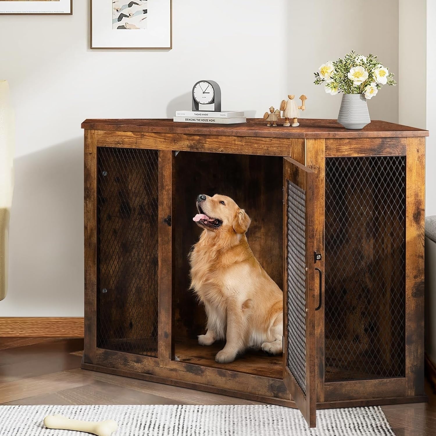BOSSIN Cuccia angolare per cani, cuccia in legno per cani da 44/52 pollici con rete, cuccia decorativa in legno per uso interno