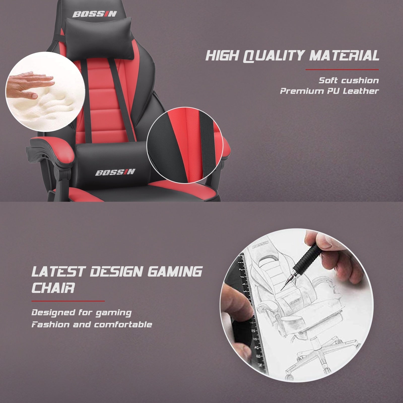 Sedia da gioco BOSSIN Racing Style, sedia da gioco alta e robusta da 300 libbre, sedia per computer con schienale alto