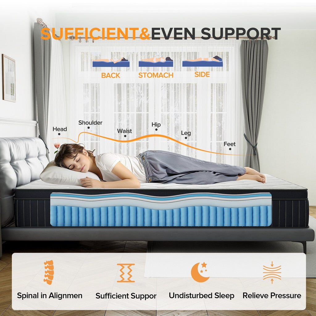 Materasso ibrido a molle insacchettate SweDrea da 12 pollici con memory foam in gel e pillow top di medie dimensioni, certificato CertiPUR-US, SGS e OEKO-TEX.