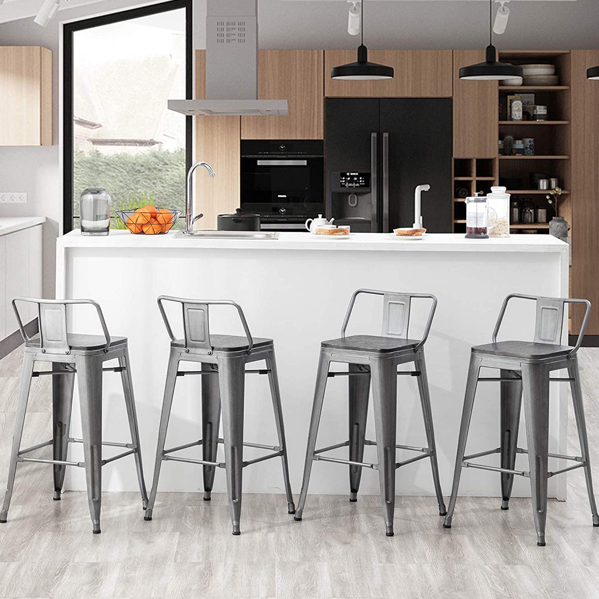 Sgabelli da bar con schienale, set di 4 sgabelli da bar in metallo industriale con seduta in legno