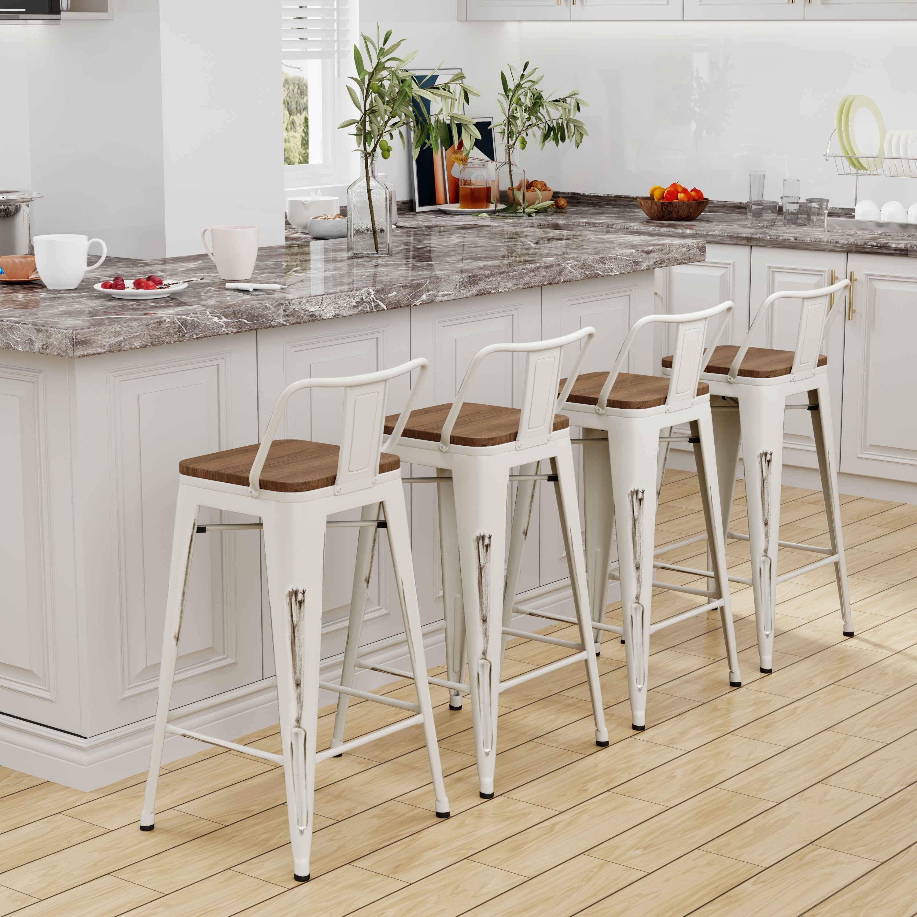 Sgabelli da bar con schienale, set di 4 sgabelli da bar in metallo industriale con seduta in legno