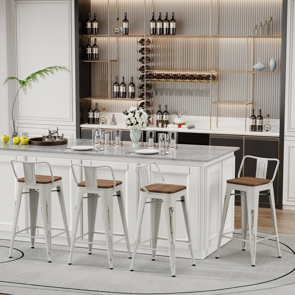 Sgabelli da bar con schienale, set di 4 sgabelli da bar in metallo industriale con seduta in legno
