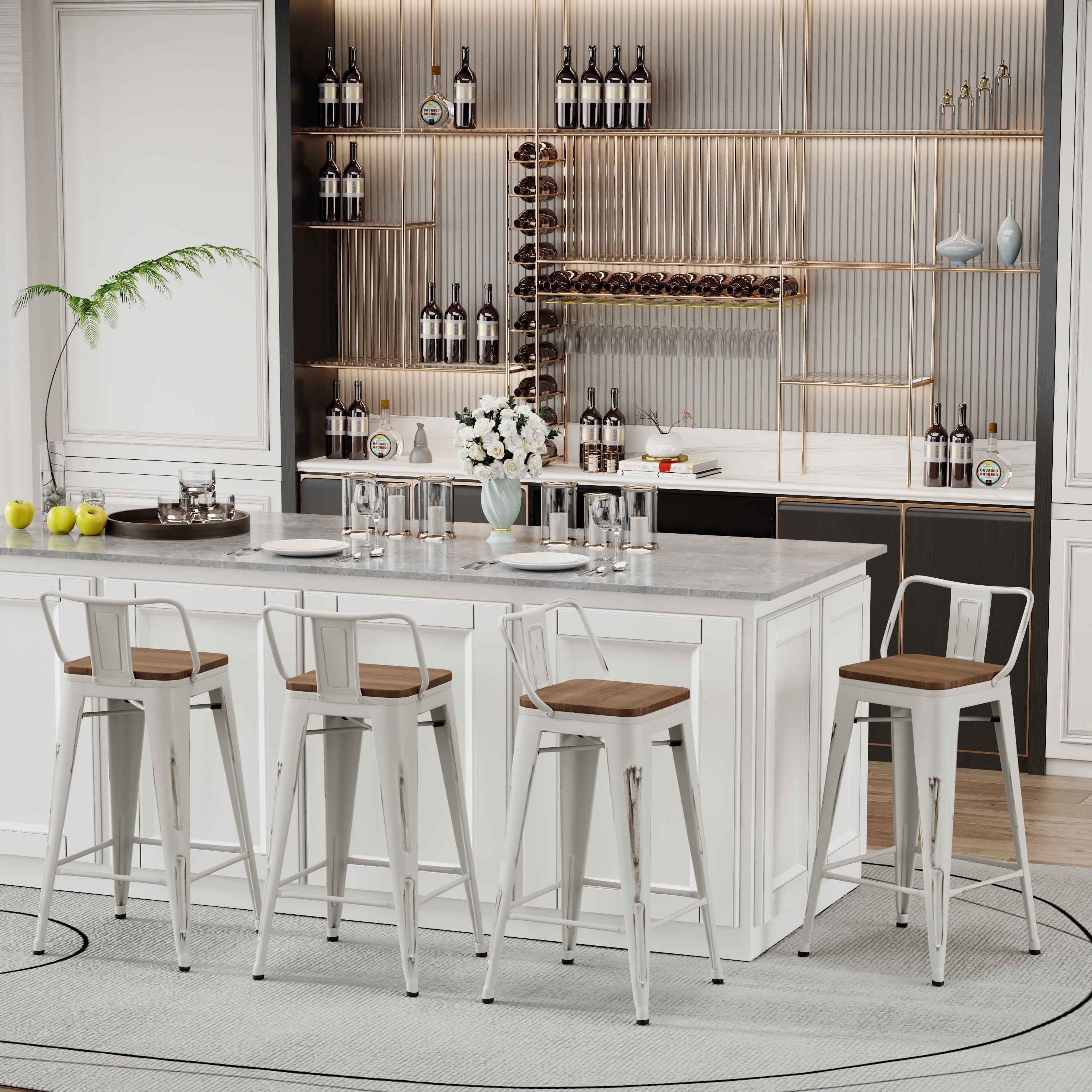 Sgabelli da bar con schienale, set di 4 sgabelli da bar in metallo industriale con seduta in legno