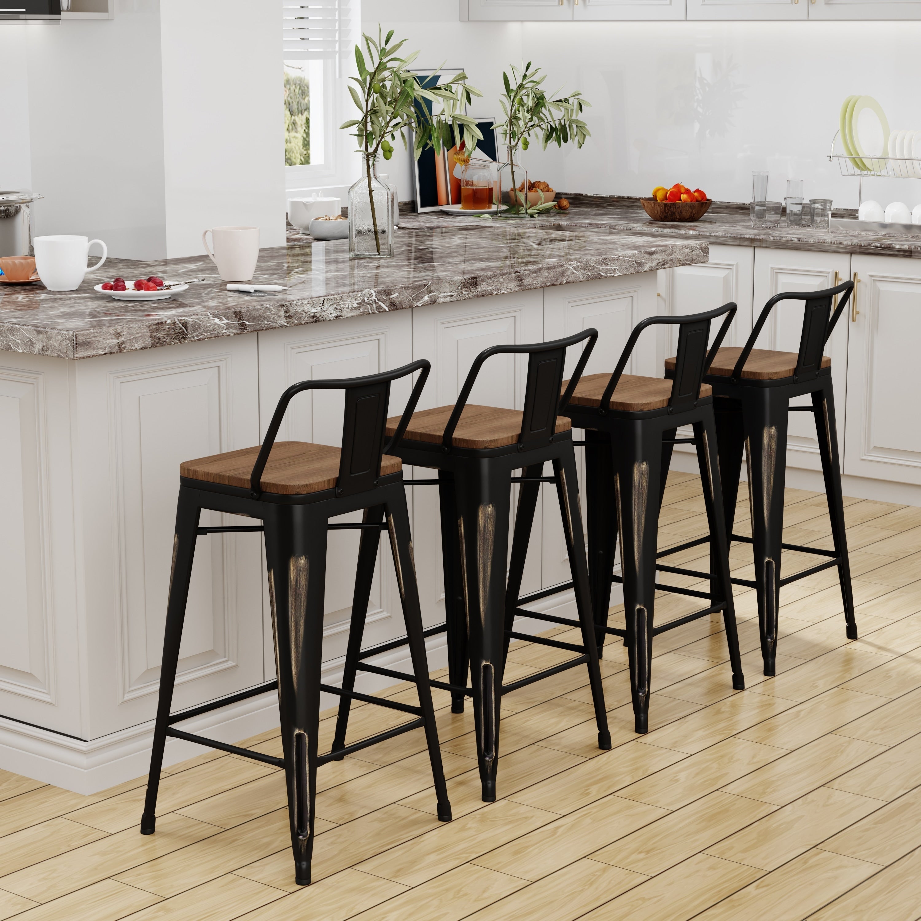 Sgabelli da bar con schienale, set di 4 sgabelli da bar in metallo industriale con seduta in legno