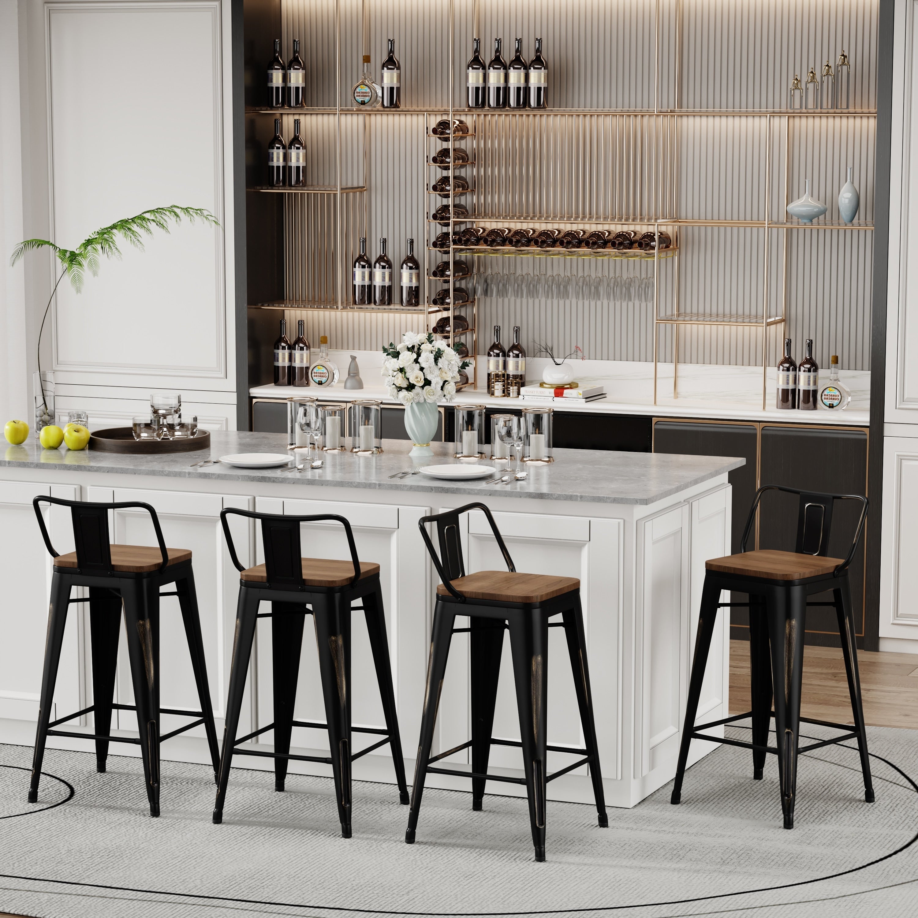 Sgabelli da bar con schienale, set di 4 sgabelli da bar in metallo industriale con seduta in legno