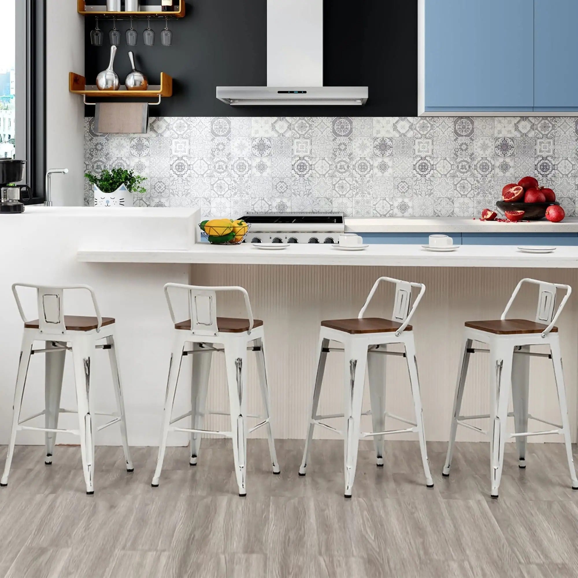 Sgabelli da bar con schienale, set di 4 sgabelli da bar in metallo industriale con seduta in legno