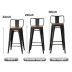 Sgabelli da bar con schienale, set di 4 sgabelli da bar in metallo industriale con seduta in legno