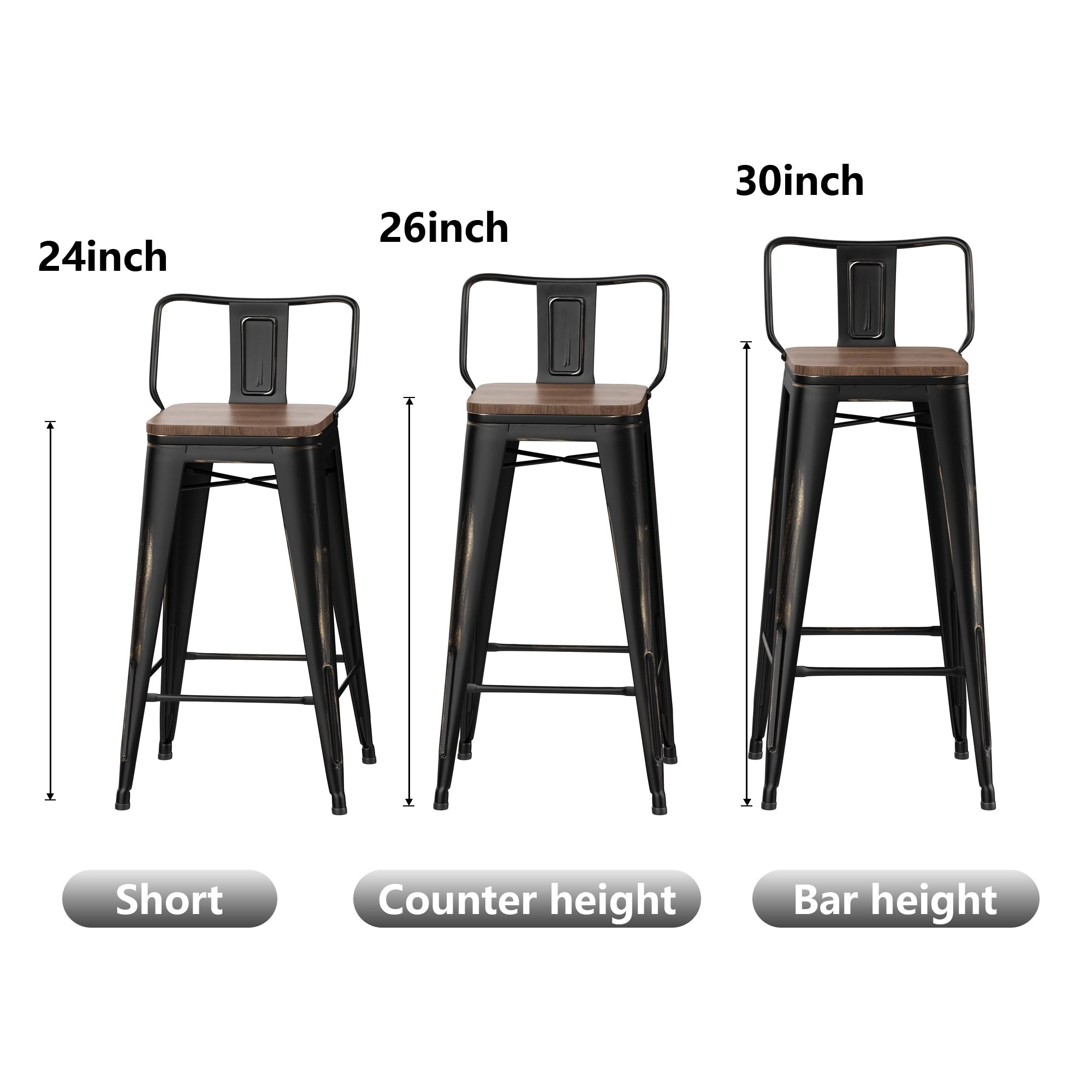 Sgabelli da bar con schienale, set di 4 sgabelli da bar in metallo industriale con seduta in legno
