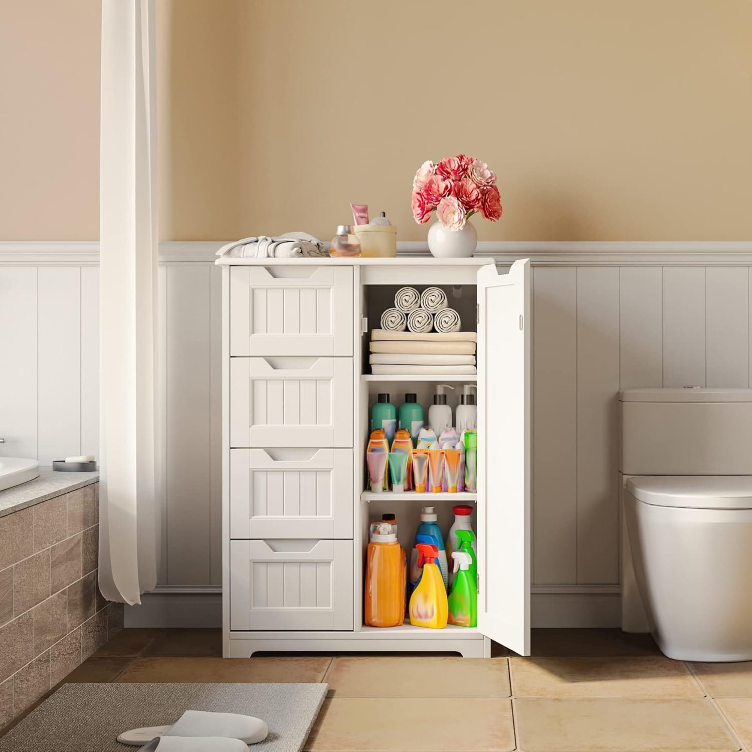 Mobiletto portaoggetti da pavimento per bagno, mobiletto portaoggetti da pavimento indipendente con 4 cassetti e ripiano regolabile