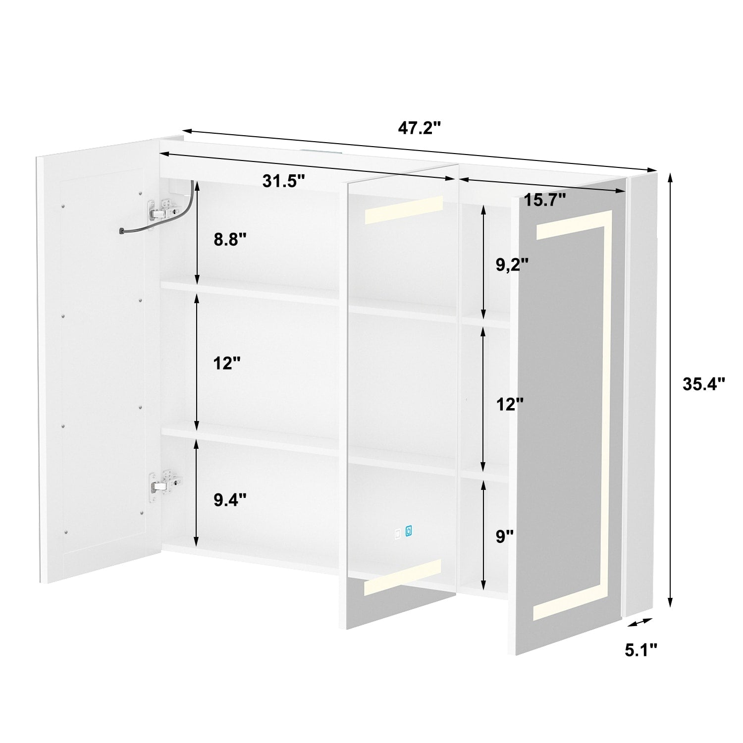 Mobiletto per medicinali da bagno con specchio LED antiappannamento 6000K, mobiletto da parete bianco