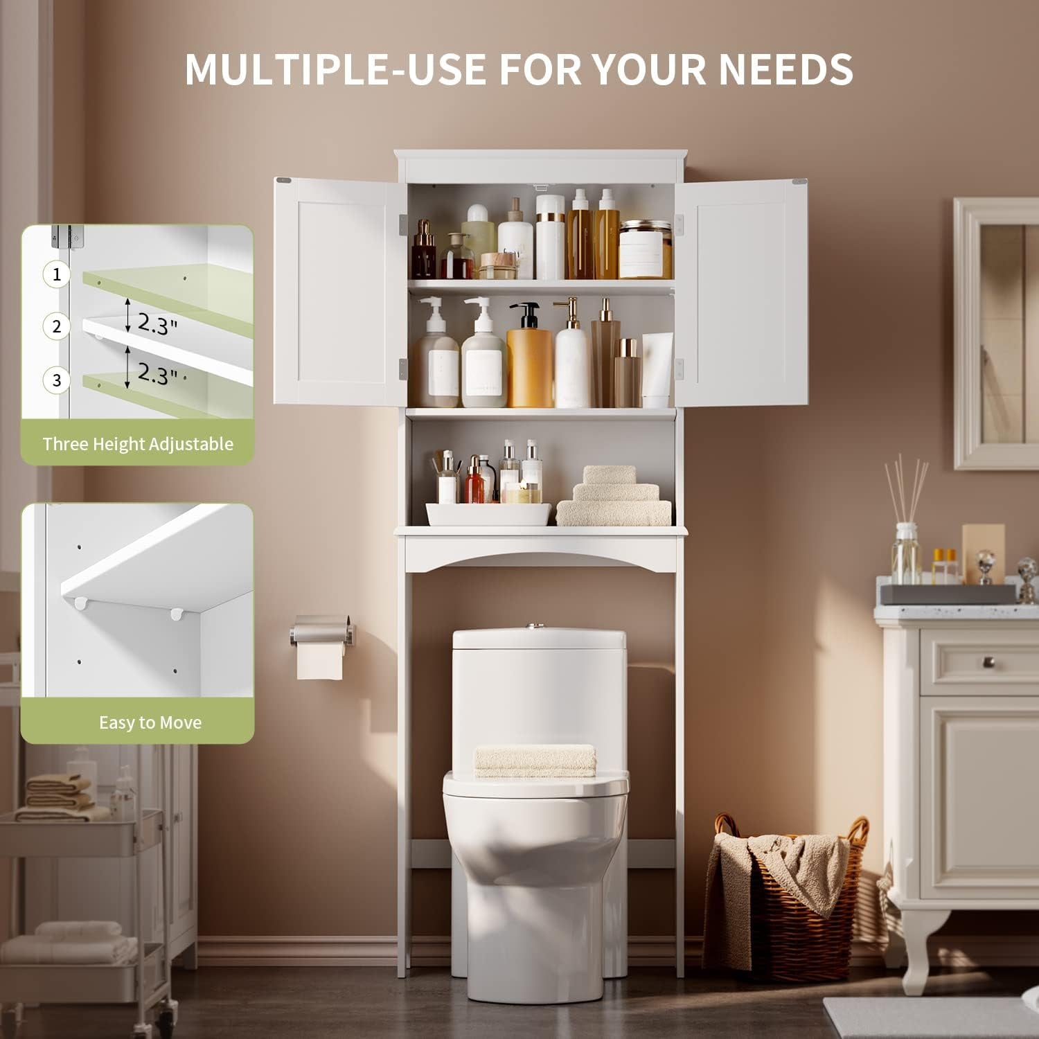 Mobiletto portaoggetti per il bagno, mobiletto portaoggetti per il WC, mensola per il bagno sopra il WC, WC salvaspazio