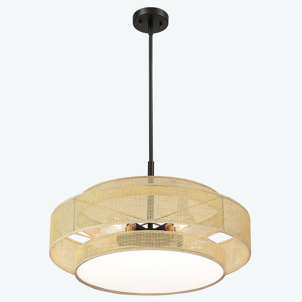 Lampadario Bayou a tamburo costiero nero a 5 luci con doppio paralume in rattan - 24''W