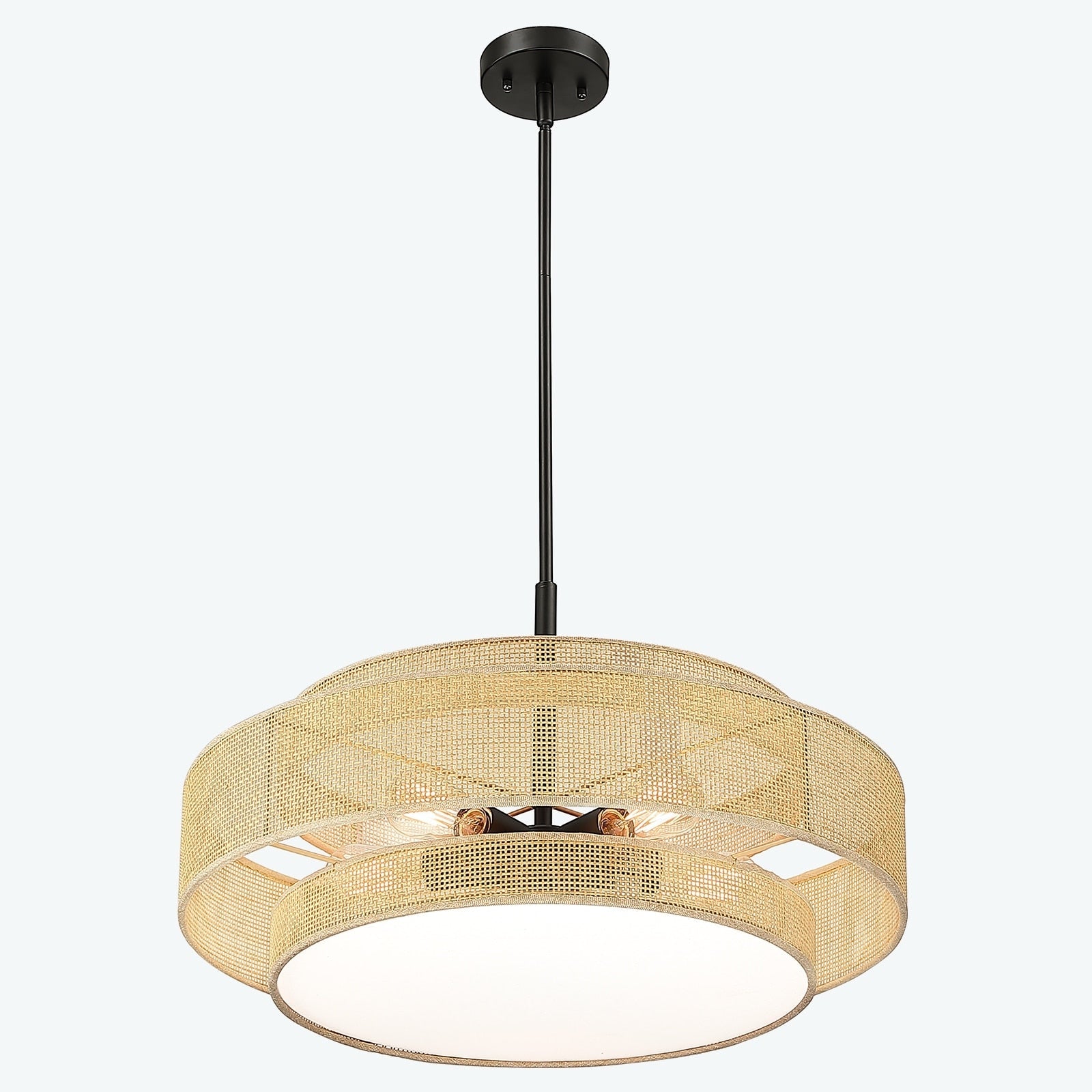 Lampadario Bayou a tamburo costiero nero a 5 luci con doppio paralume in rattan - 24''W