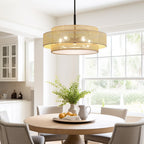 Lampadario Bayou a tamburo costiero nero a 5 luci con doppio paralume in rattan - 24''W