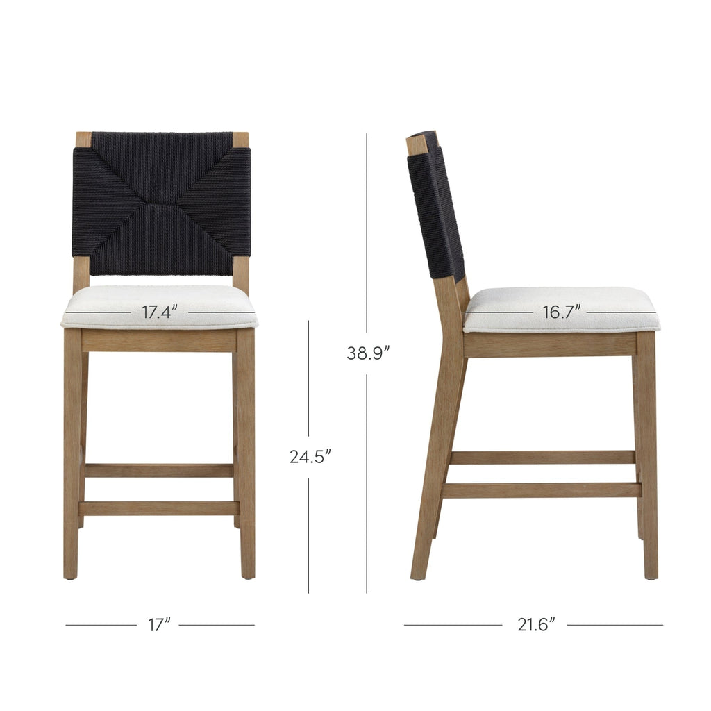 Sgabello da bar Beacon Bohemian Boucle, sedia imbottita alta fino al bancone con struttura in legno massello e schienale in giunco ​​intrecciato