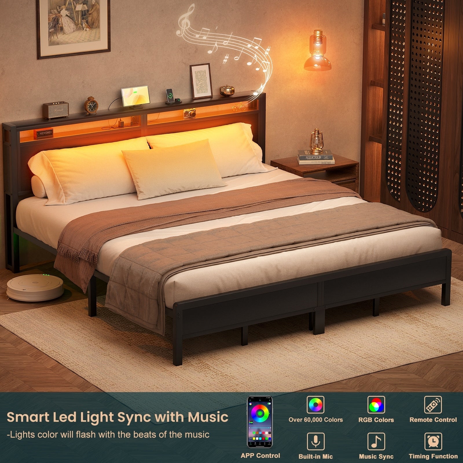 Struttura per letto in legno stile fattoria con stazione di ricarica e luci a LED