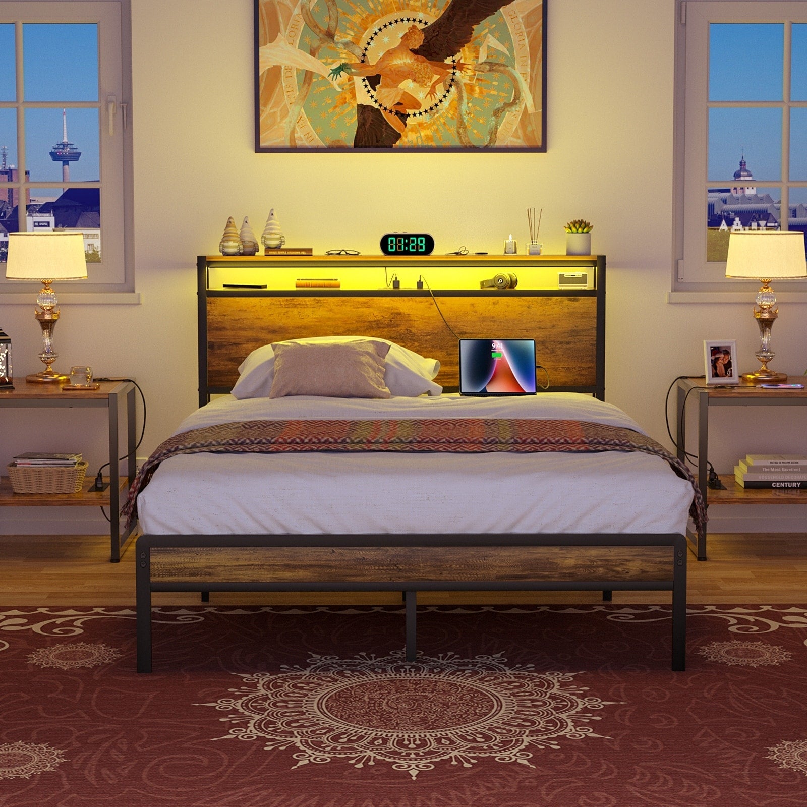 Struttura per letto in legno stile fattoria con stazione di ricarica e luci a LED