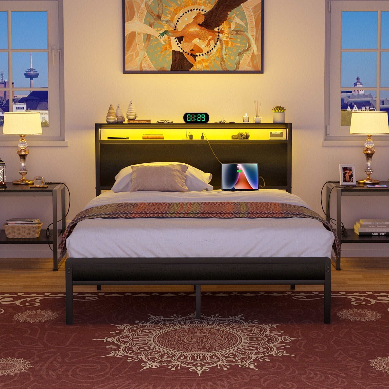 Struttura per letto in legno stile fattoria con stazione di ricarica e luci a LED